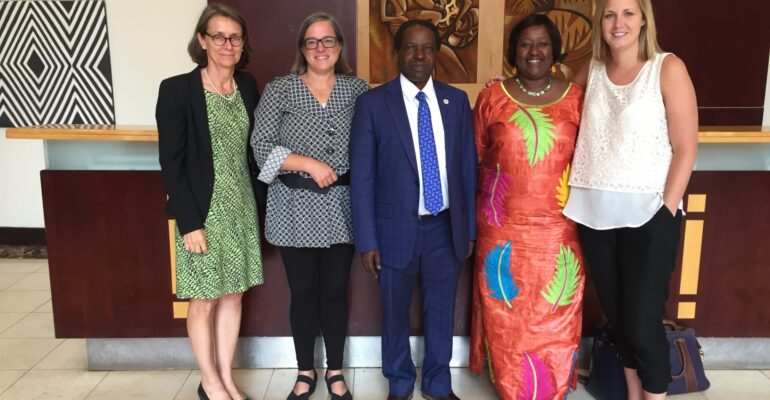 From left to right: Dean Deborah Kochevar, Professor Katey Pelican, Dean William Bazeyo, Vice Chancellor Agnes Binagwaho, and Assistant Director of UGHE's MGHD program, Dr. Phaedra Henley, attend the July 27th OHCEA induction ceremony in Kigali, Rwanda.